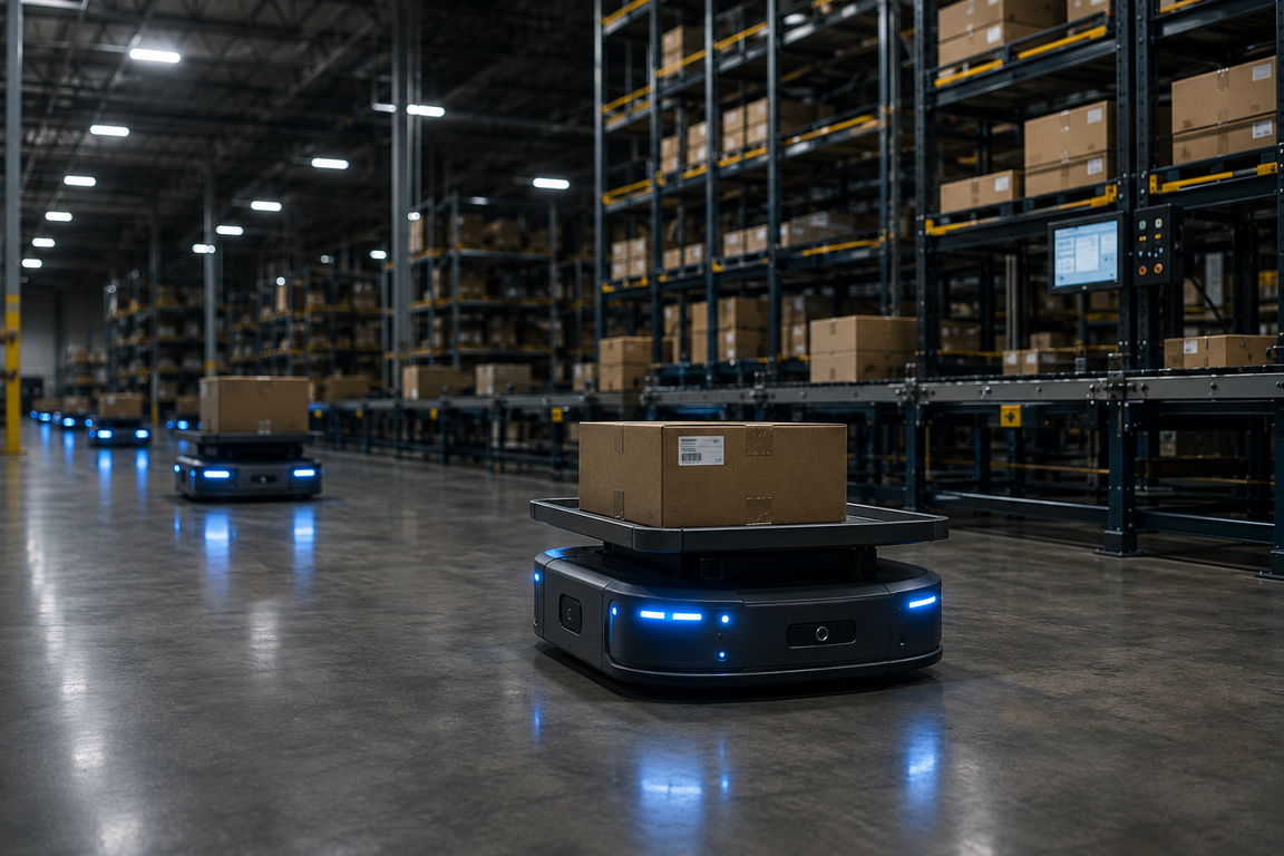 Autonomous mobile robots moving cartons through an automated distribution centre